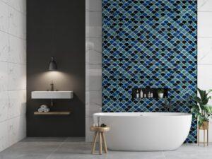 Fan tile pattern with porcelain tiles on a bathroom wall.